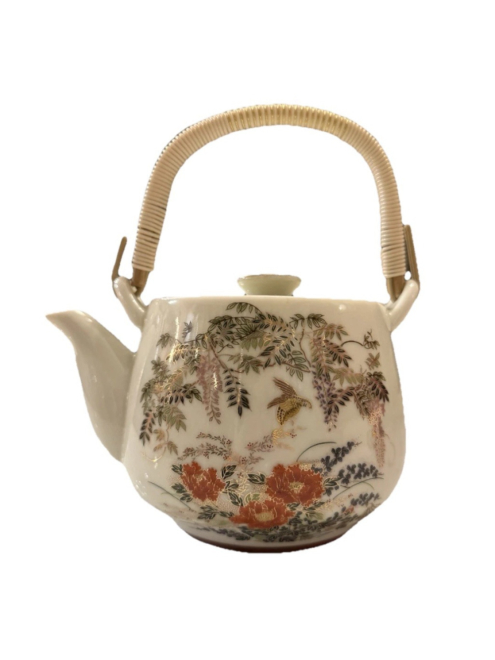Vintage Japanese Kutani Style Teapot Bird Wisteria Floral Rattan Handle MCM